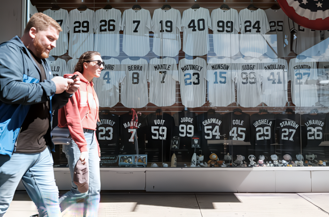 A storefront near Yankee Stadium displays jerseys of New York’s baseball legends, with Aaron Judge’s No. 99 front and center — a reminder of the current face of the franchise still chasing championship glory.