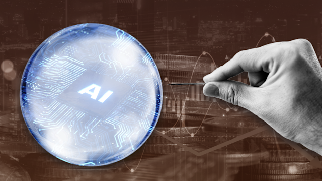 A hand holding a needle approaches a glowing “AI bubble,” symbolizing growing concerns that the artificial intelligence stock surge could burst if market optimism outpaces reality.